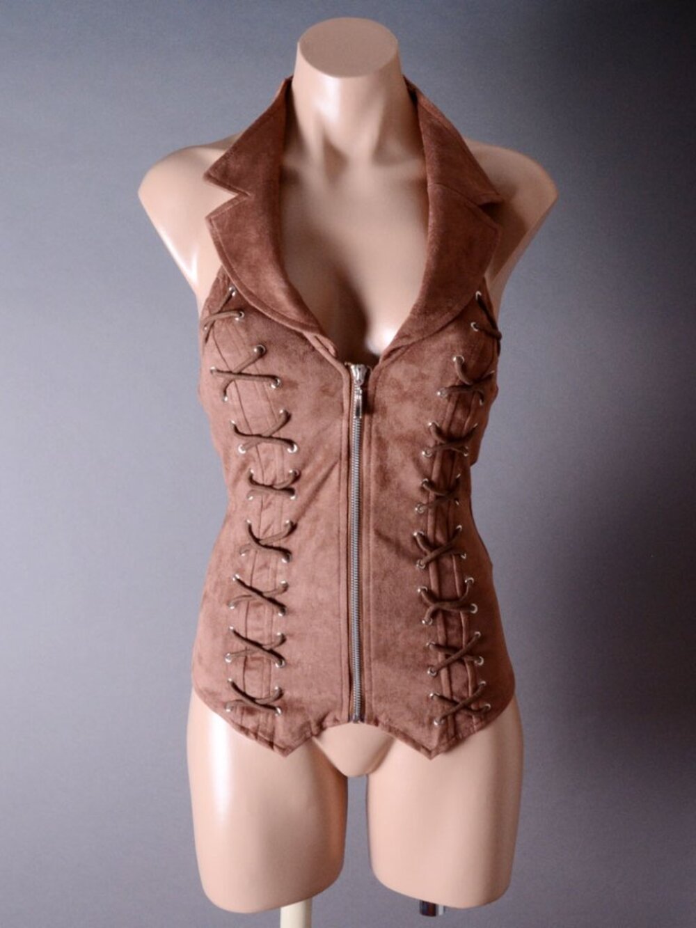 Brown Halter Faux Suede Western Corset Collar Zipper Steampunk Goth Bustier Top